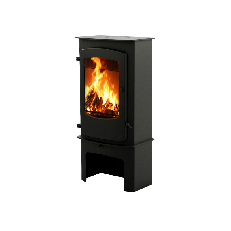 A black CHARNWOOD COVE 3 wood stove with a stand, featuring a visible fire through the glass door.