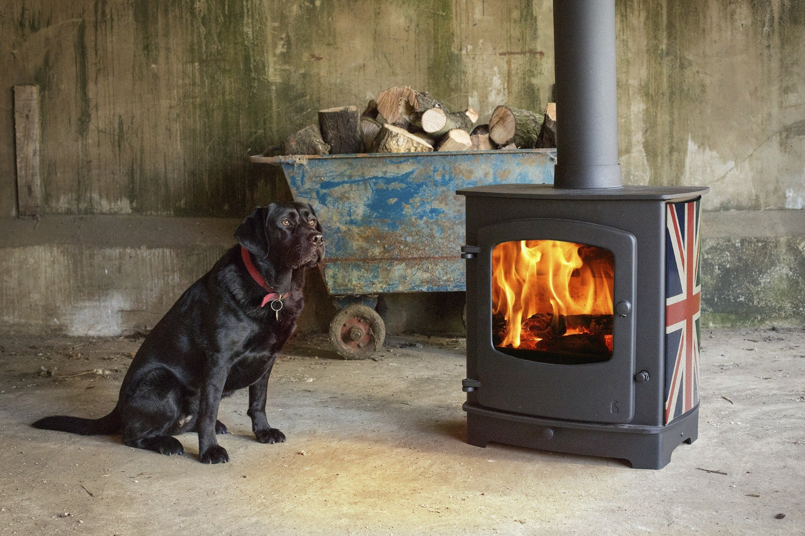 Cove 2 wood stove on low stand in lifestyle interior