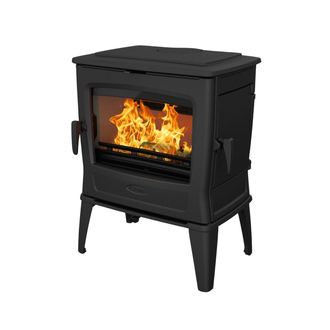 Dovre TAI45 wood burning fireplace with side loading door, efficient clean burn.