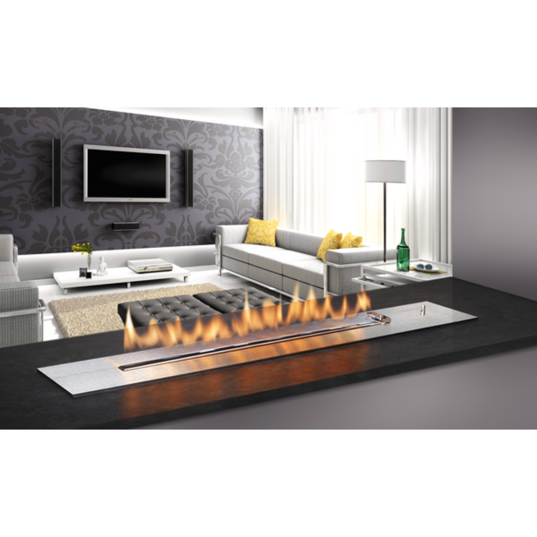 A modern black fireplace insert with a visible flame, installed in a stylish living room with a panoramic window overlooking a body of water.