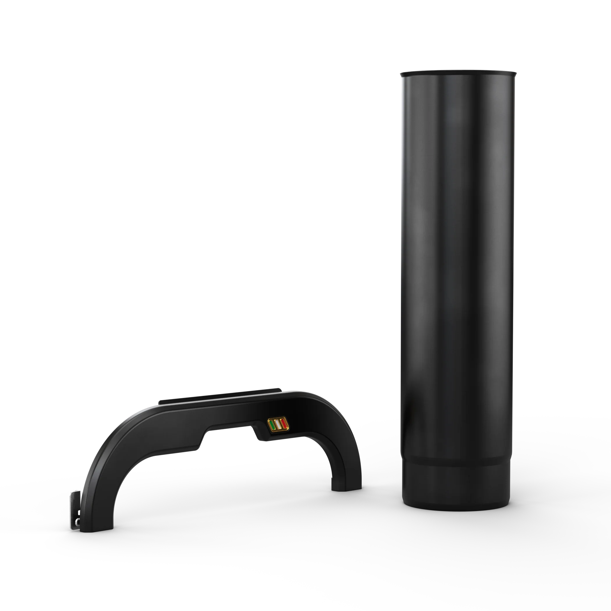 Black metal fender and cylindrical component on a white background