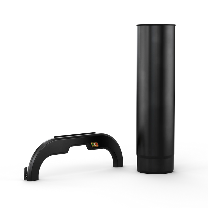 Black metal fender and cylindrical component on a white background