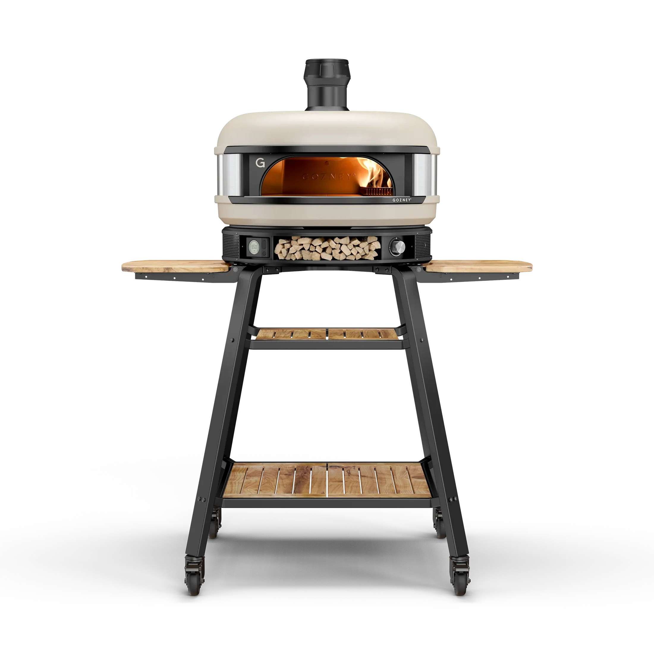 Wood-fired pizza oven on a stand with wooden shelves against a white background