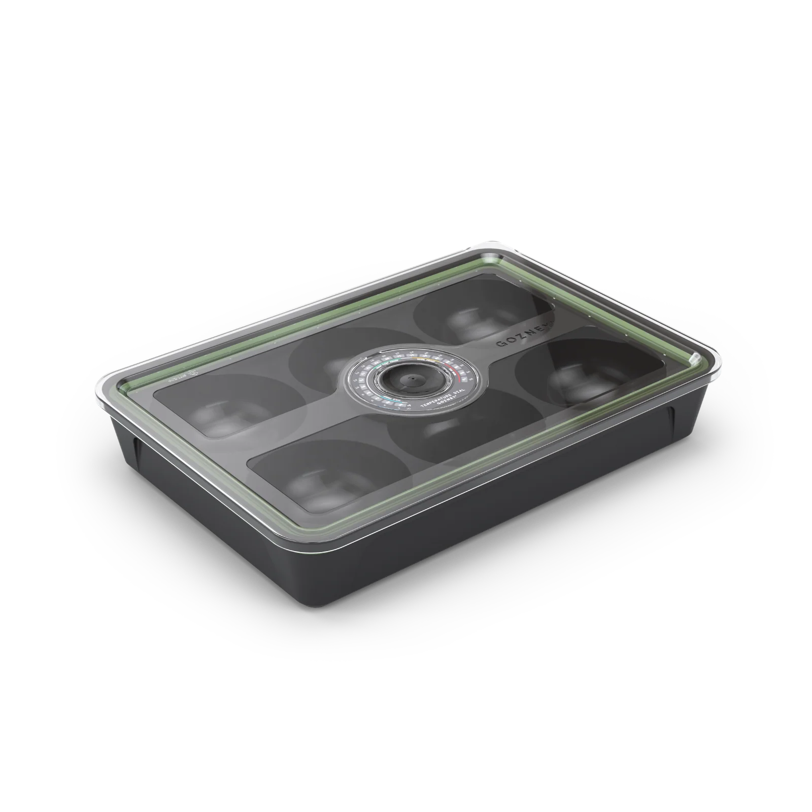 Black plastic tray with compartments on a white background