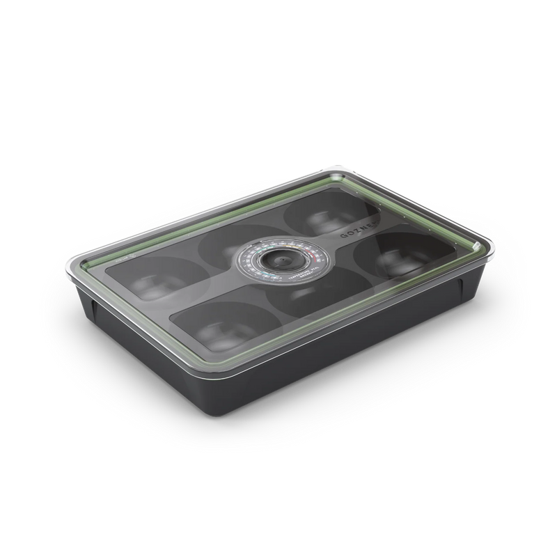 Black plastic tray with compartments on a white background