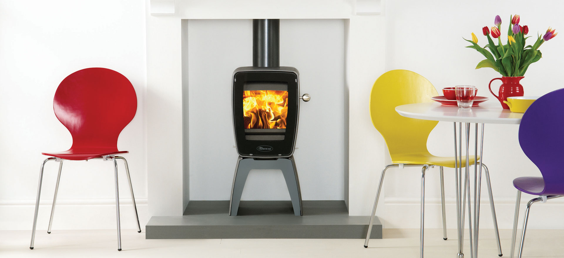 Dovre Vintage 30 landscape style wood burning fireplace, modern cast iron design