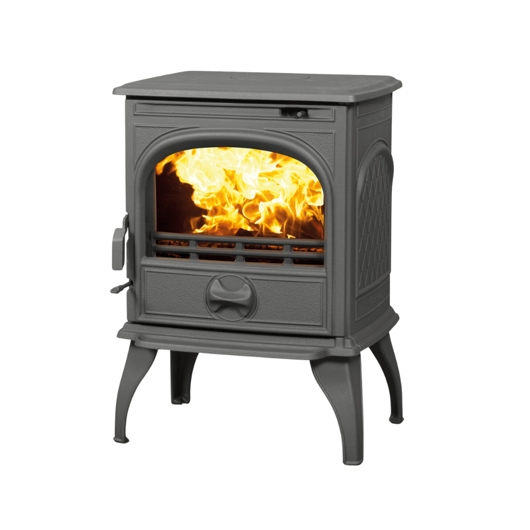 A gray freestanding Dovre multifuel fireplace with visible flames.