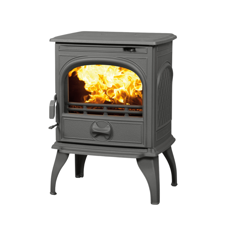 A gray freestanding Dovre multifuel fireplace with visible flames.