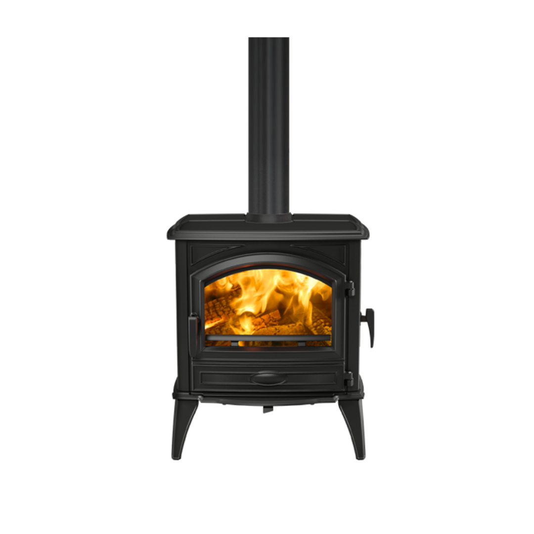 A black freestanding wood-burning fireplace with a visible fire through the glass door.