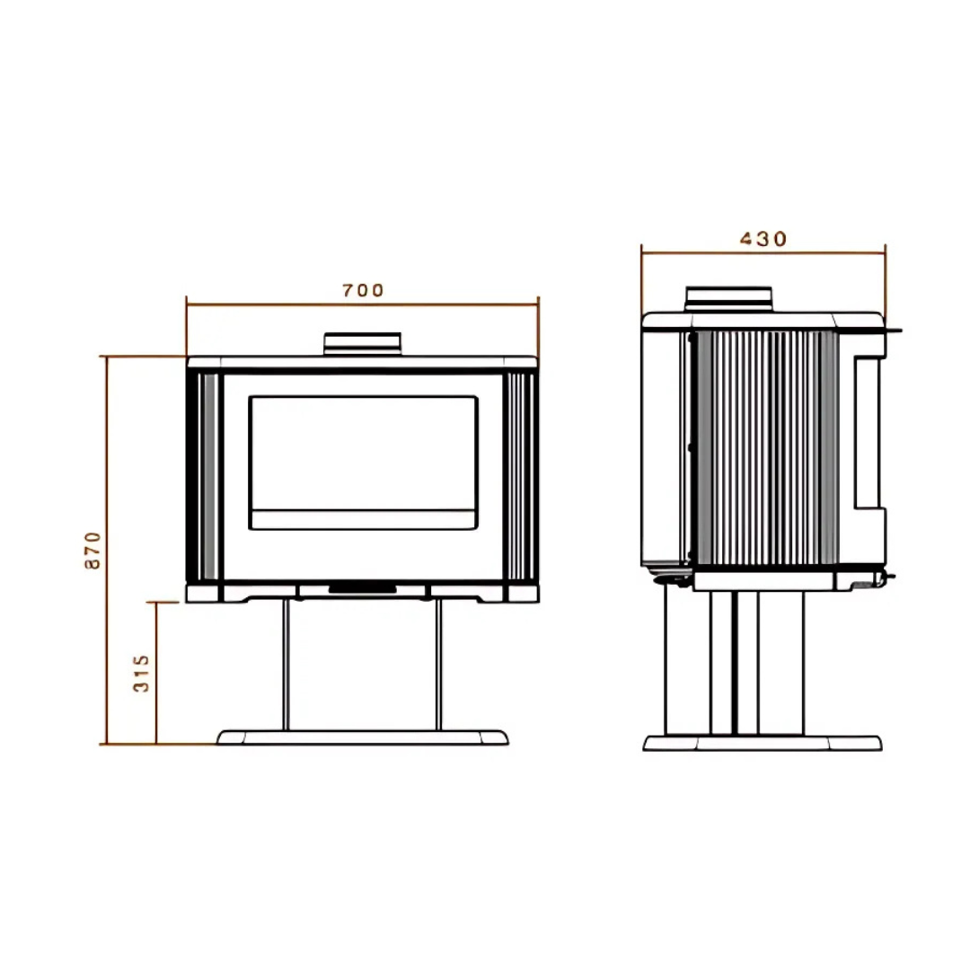 Dovre Bow wood stove on pedestal base with curved glass door