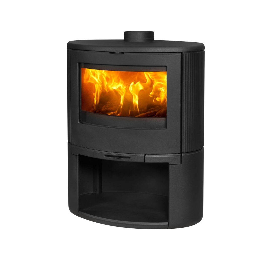 Dovre Bow wood-burning stove mounted on wooden base