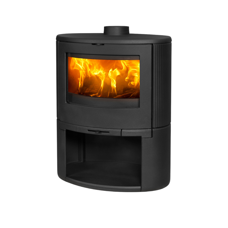 Dovre Bow wood-burning stove mounted on wooden base