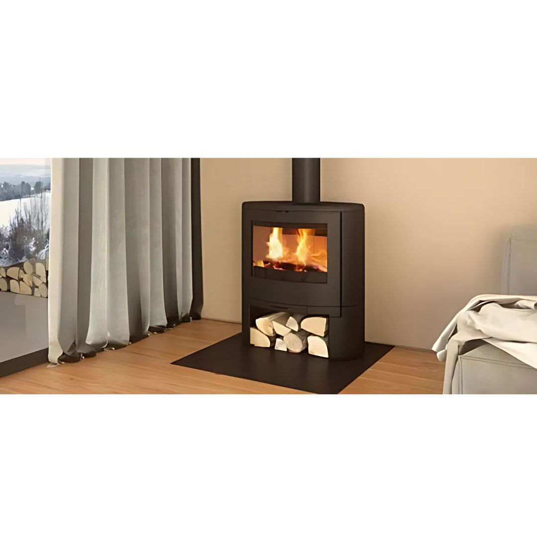 Dovre Bow curved fireplace mounted on wooden pedestal base, front angle