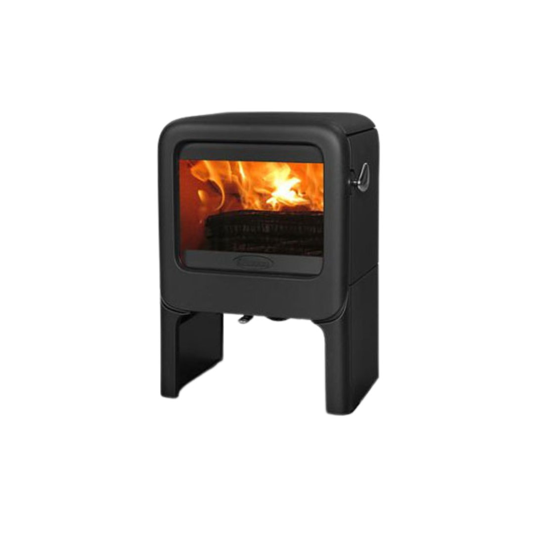 A black freestanding tablet-style electric fireplace with visible flames.