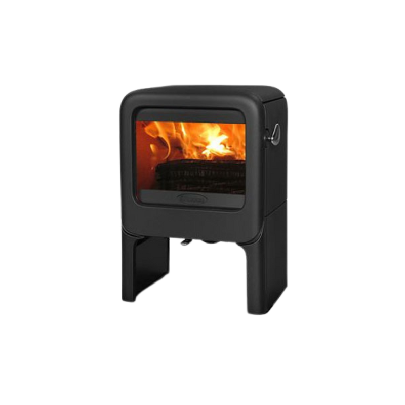 A black freestanding tablet-style electric fireplace with visible flames.