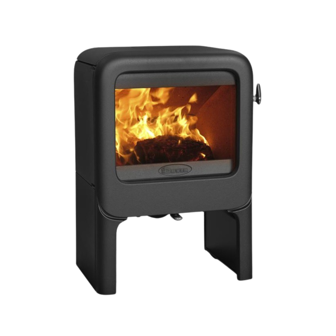 A black freestanding tablet-style electric fireplace with visible flames.
