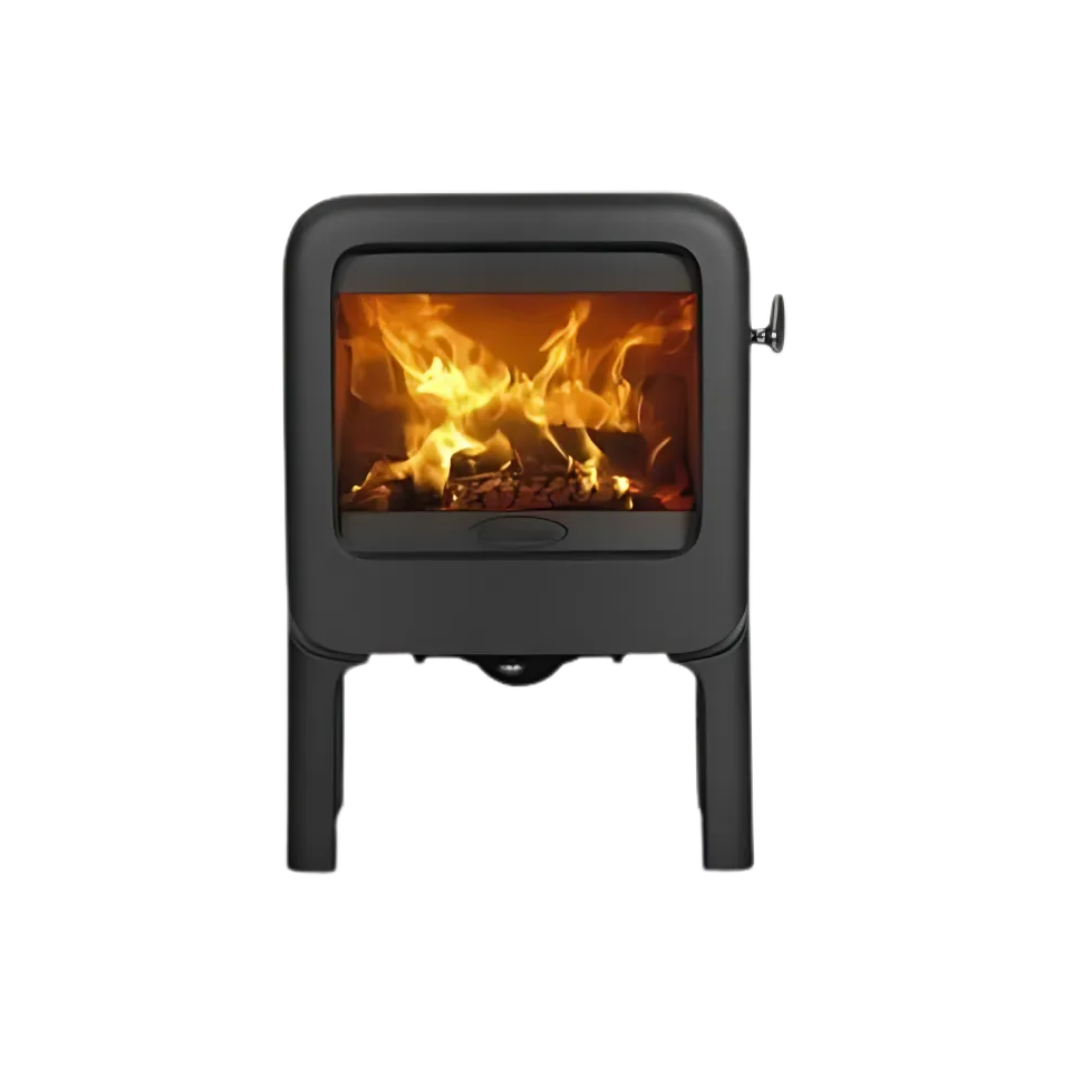 A black freestanding tablet-style electric fireplace with visible flames.