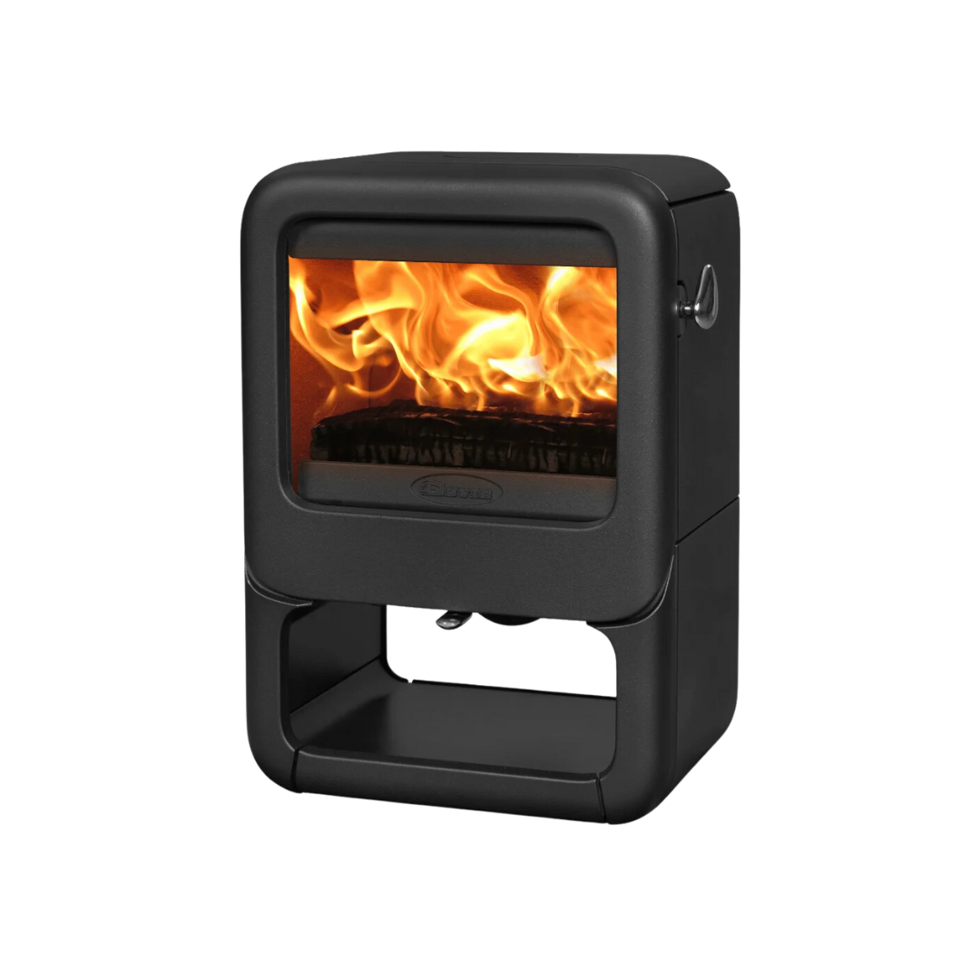 A black freestanding indoor fireplace with a visible flue and artificially created flames.