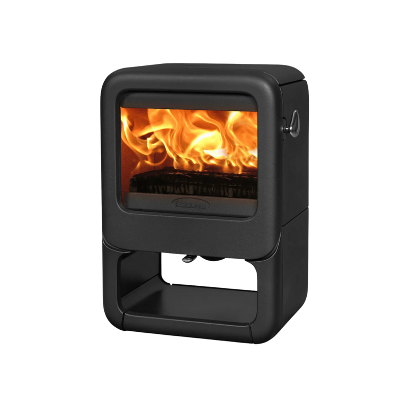 A black freestanding indoor fireplace with a visible flue and artificially created flames.