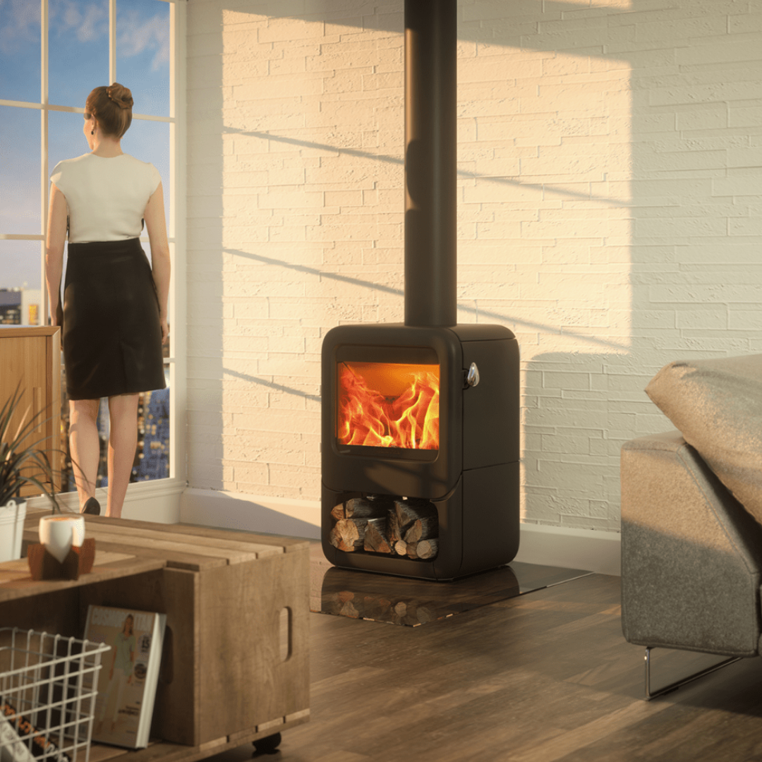 Dovre Rock 350 wood stove on wood base, modern compact design