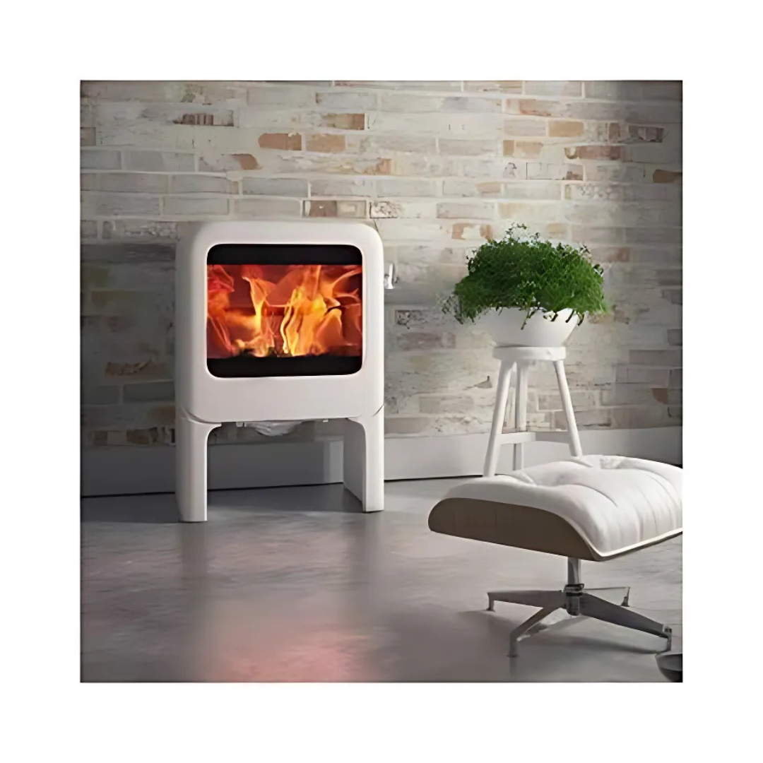 Dovre Rock 350 wood-burning stove on wood base in white, modern freestanding heater.