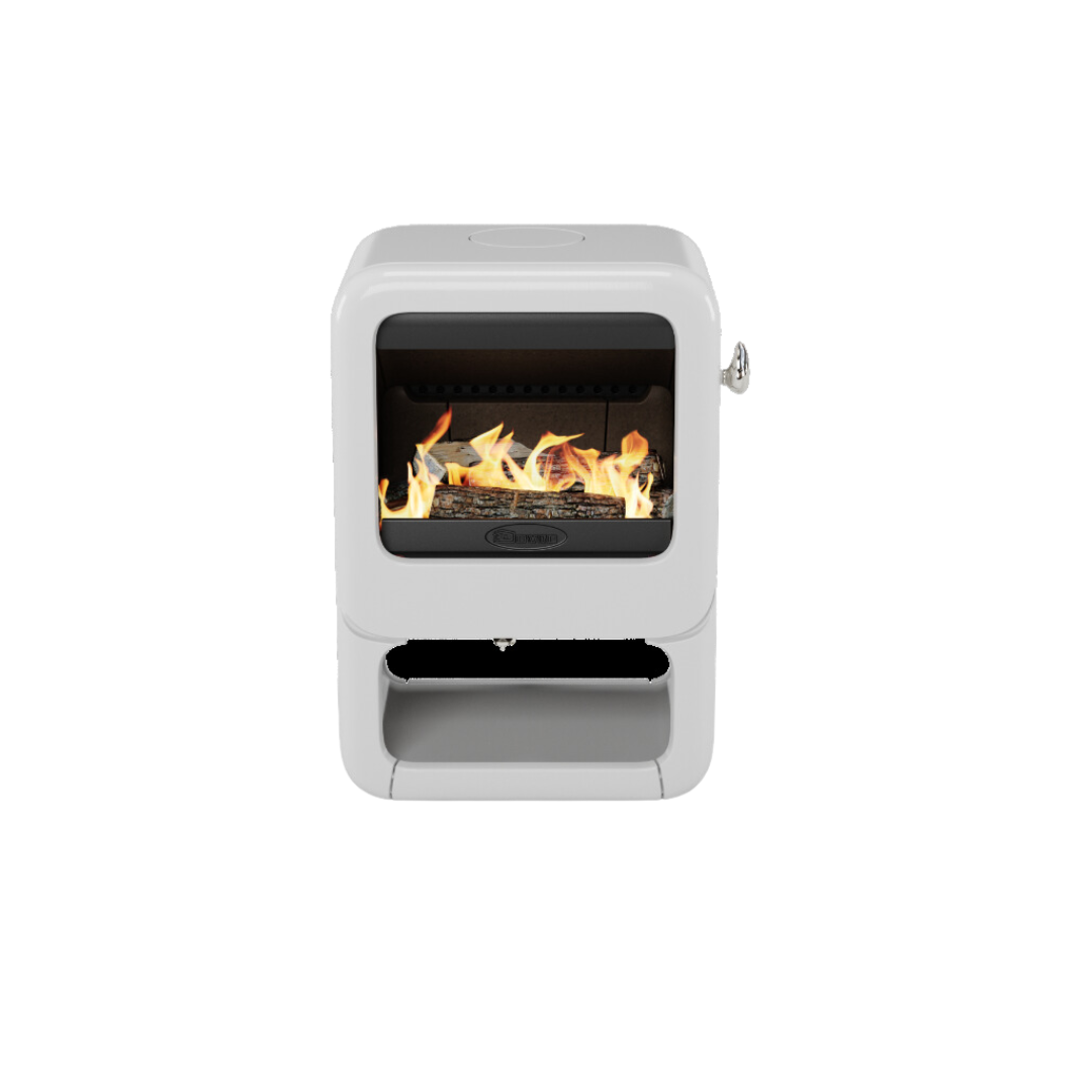 Dovre Rock 350 wood burning fireplace on white wooden base