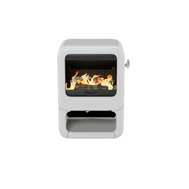 Dovre Rock 350 wood burning fireplace on white wooden base