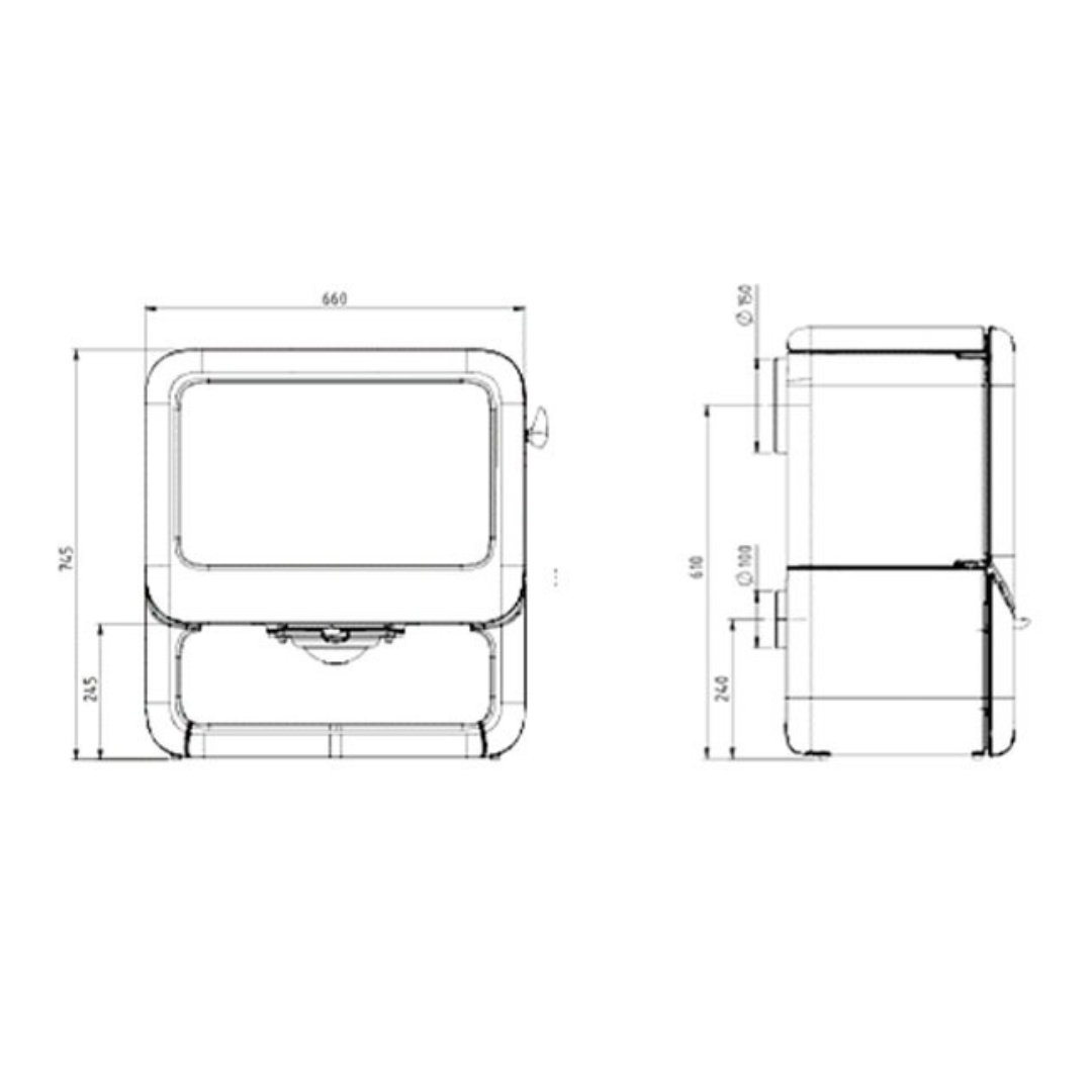 Dovre Rock 500 fireplace on wood base, large glass door, front angle