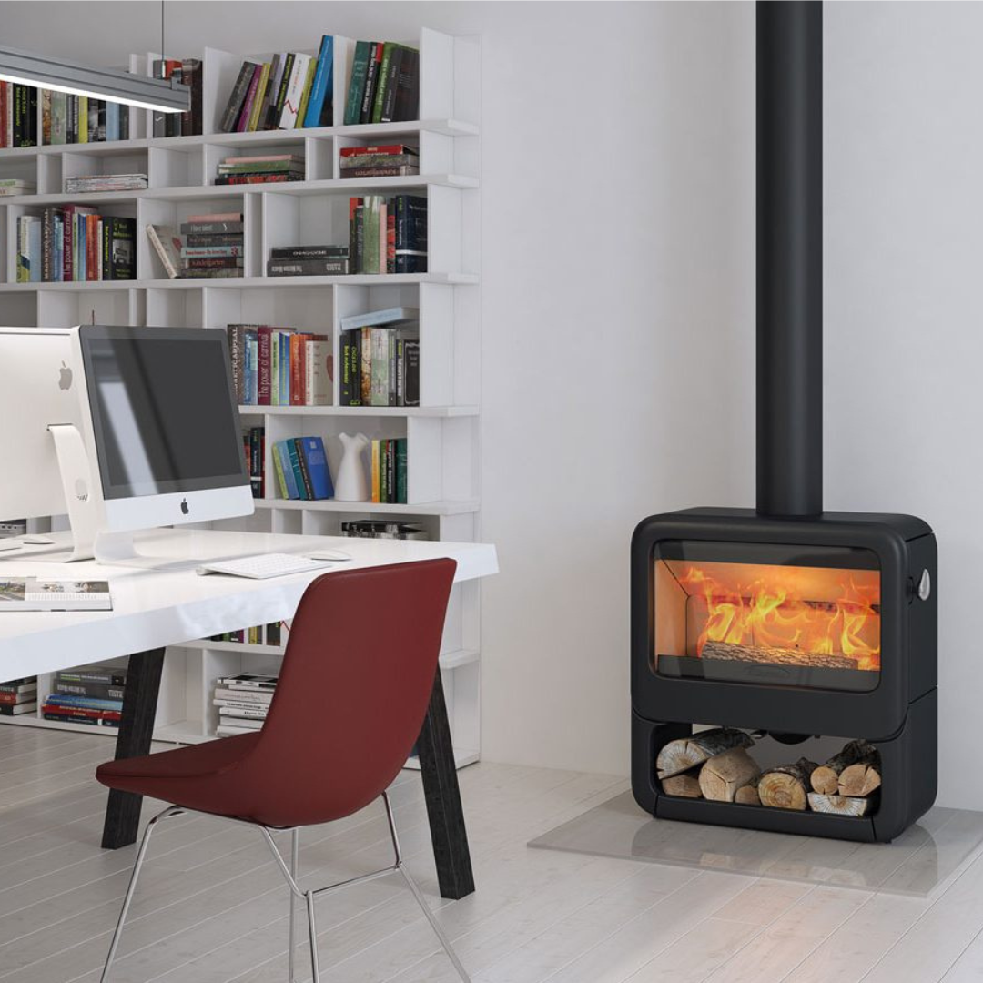Dovre Rock 500 freestanding wood stove on wood base, modern design