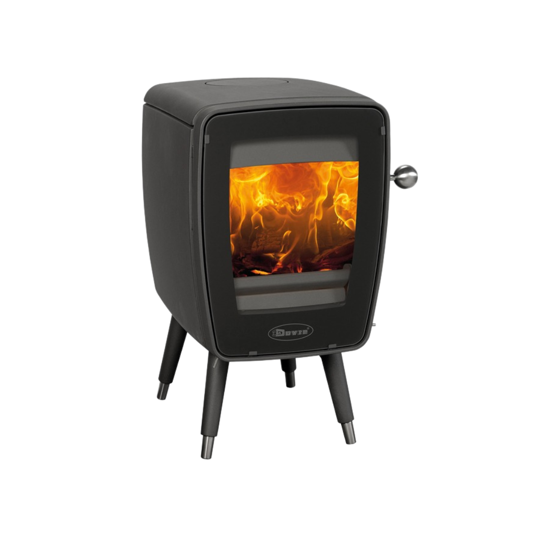 A black freestanding electric fireplace with a visible flame through the glass door.