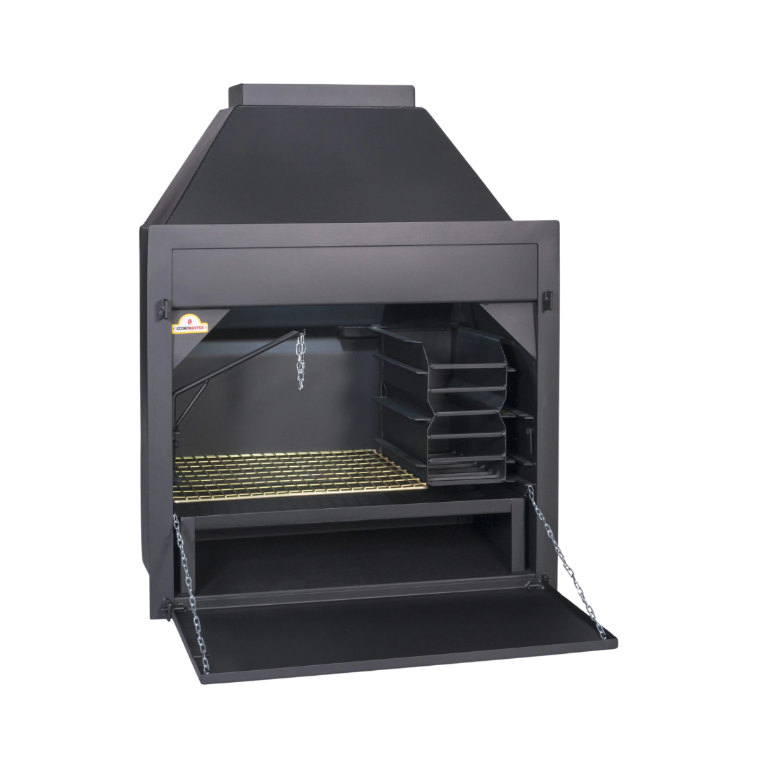 A black build-in braai fireplace with a full length braai grid, embermaker, ash pan, potjie hook, and light fitting. The image shows the top and bottom door of the unit.