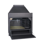 A black build-in braai fireplace with a full length braai grid, embermaker, ash pan, potjie hook, and light fitting. The image shows the top and bottom door of the unit.