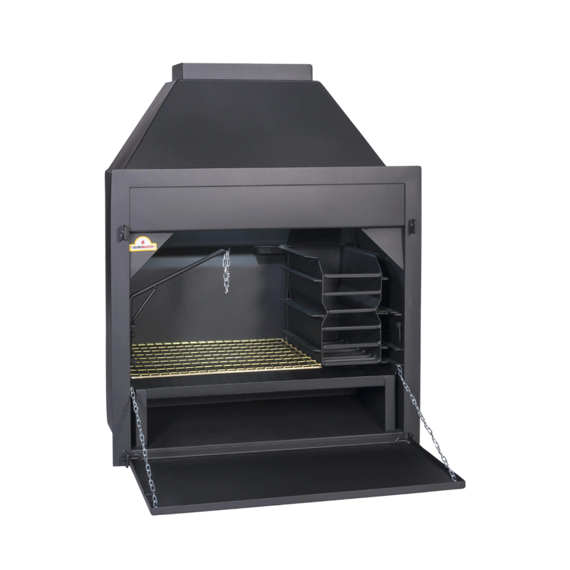 A black build-in braai fireplace with a full length braai grid, embermaker, ash pan, potjie hook, and light fitting. The image shows the top and bottom door of the unit.
