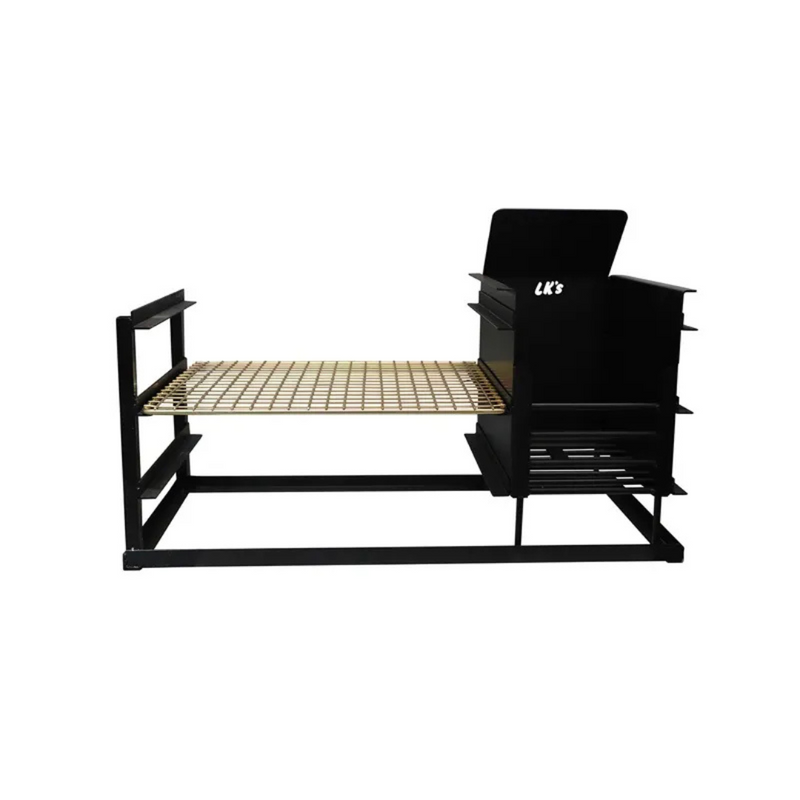 A black metal grid stand with a visible brand logo on the side, designed for outdoor grilling.