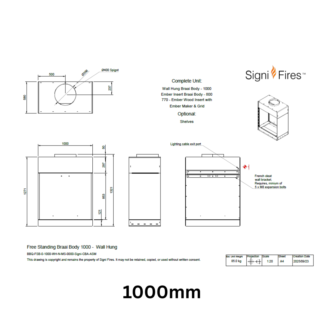 Technical drawing of a wall-mounted fireplace with dimensions and Signifires branding.