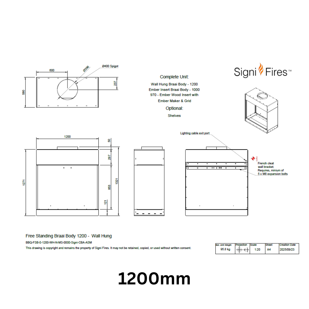 Technical drawing of a fireplace component with dimensions and branding