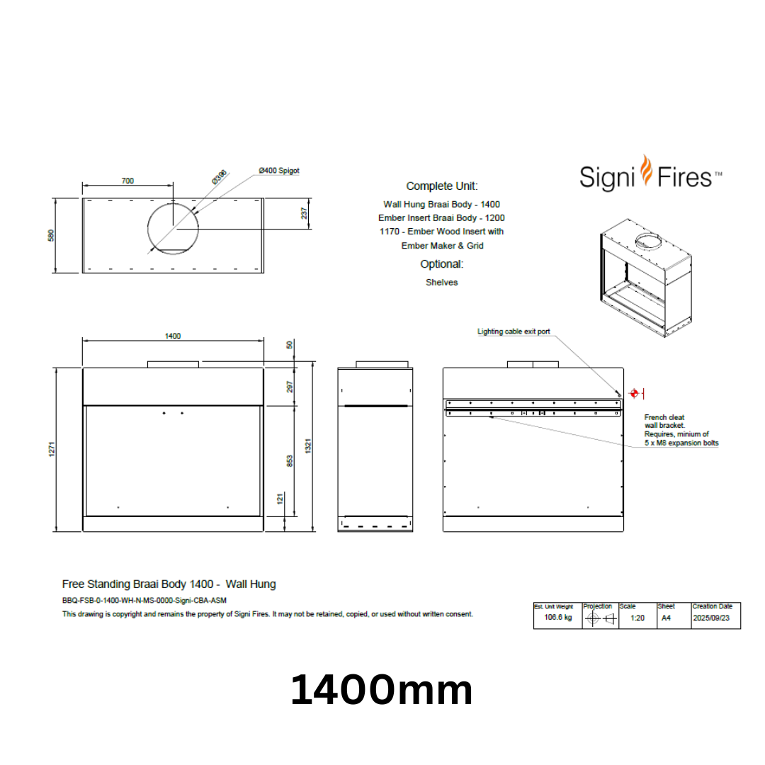 Technical drawing of a fireplace component with dimensions and Signifires branding.