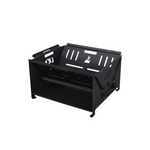 A black metal fire pit braai with a stainless steel grid and sides, designed for outdoor cooking and heating.