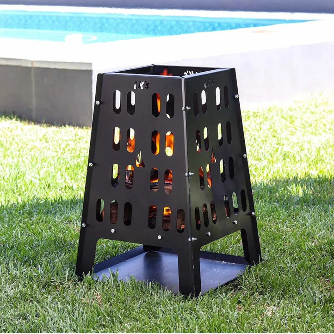 A black heavy duty mild steel firewood holder with a sturdy design, flat packed and easy to assemble.
