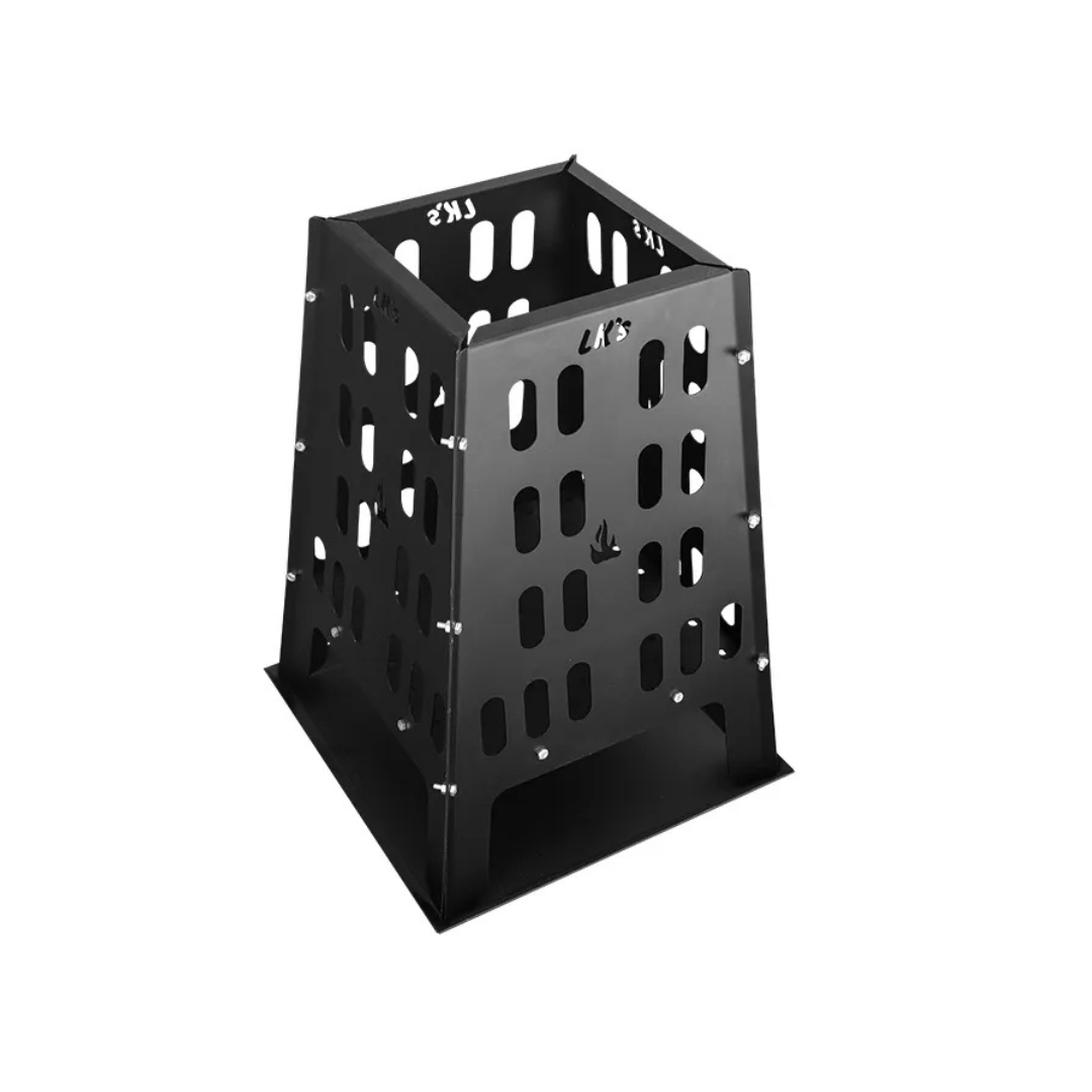 A black heavy duty mild steel firewood holder with a sturdy design, flat packed and easy to assemble.