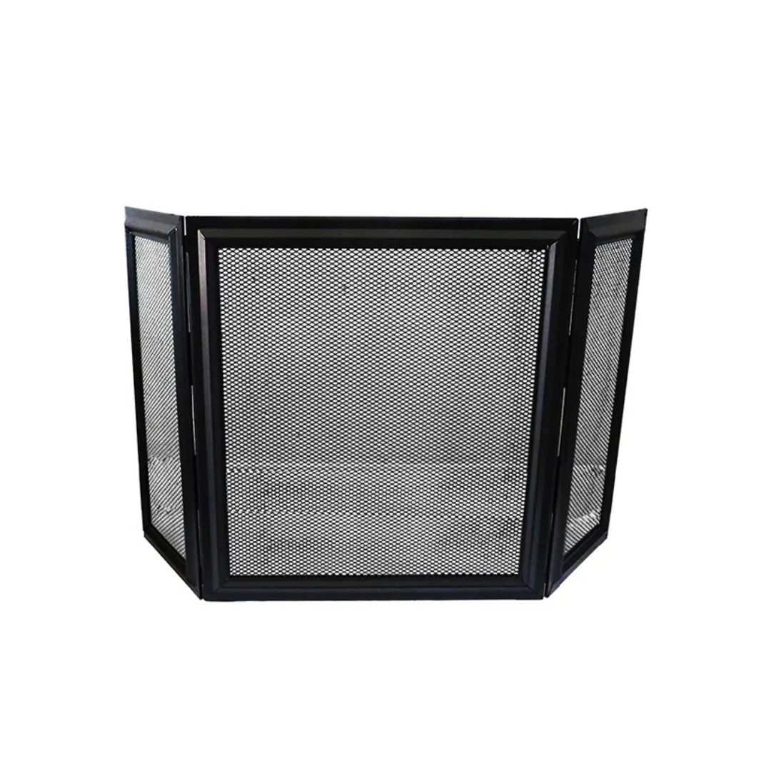A foldable black fireplace screen made of metal with a mesh design.