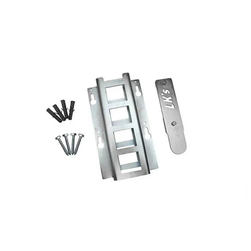 A silver-colored metal floating braai grid bracket with accompanying screws and a protractor, displayed on a white background