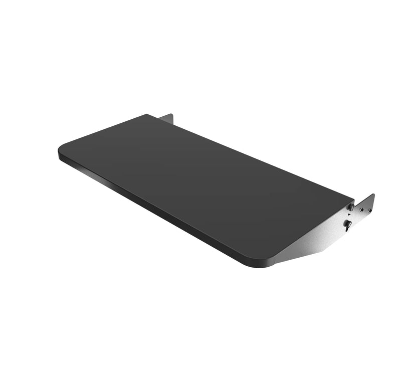Black metal shelf with a silver bracket on a white background