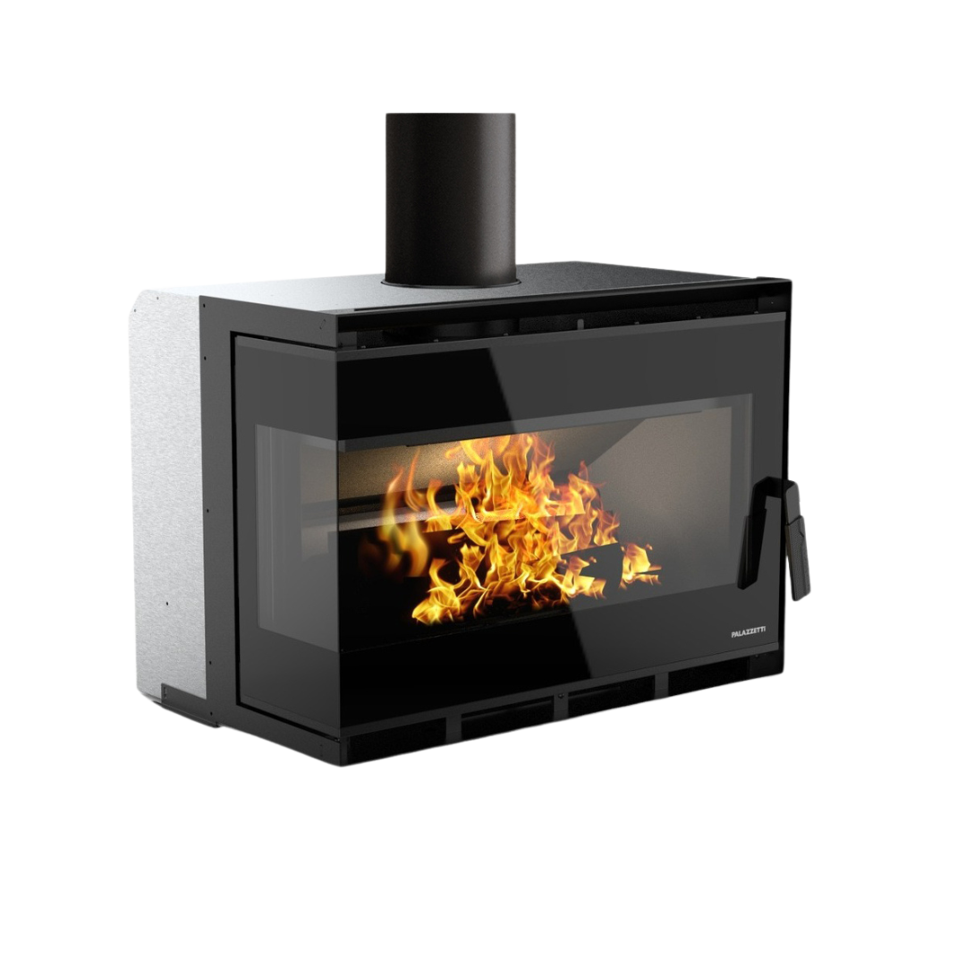 A free-standing wood stove with a black ceramic glass door and visible flames inside, branded by Palazzetti.
