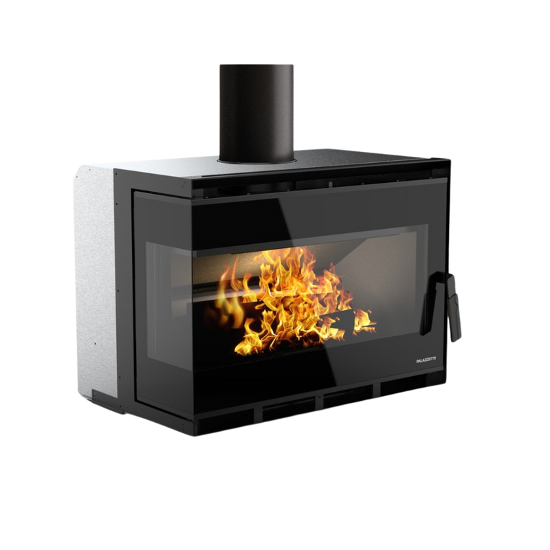 A free-standing wood stove with a black ceramic glass door and visible flames inside, branded by Palazzetti.