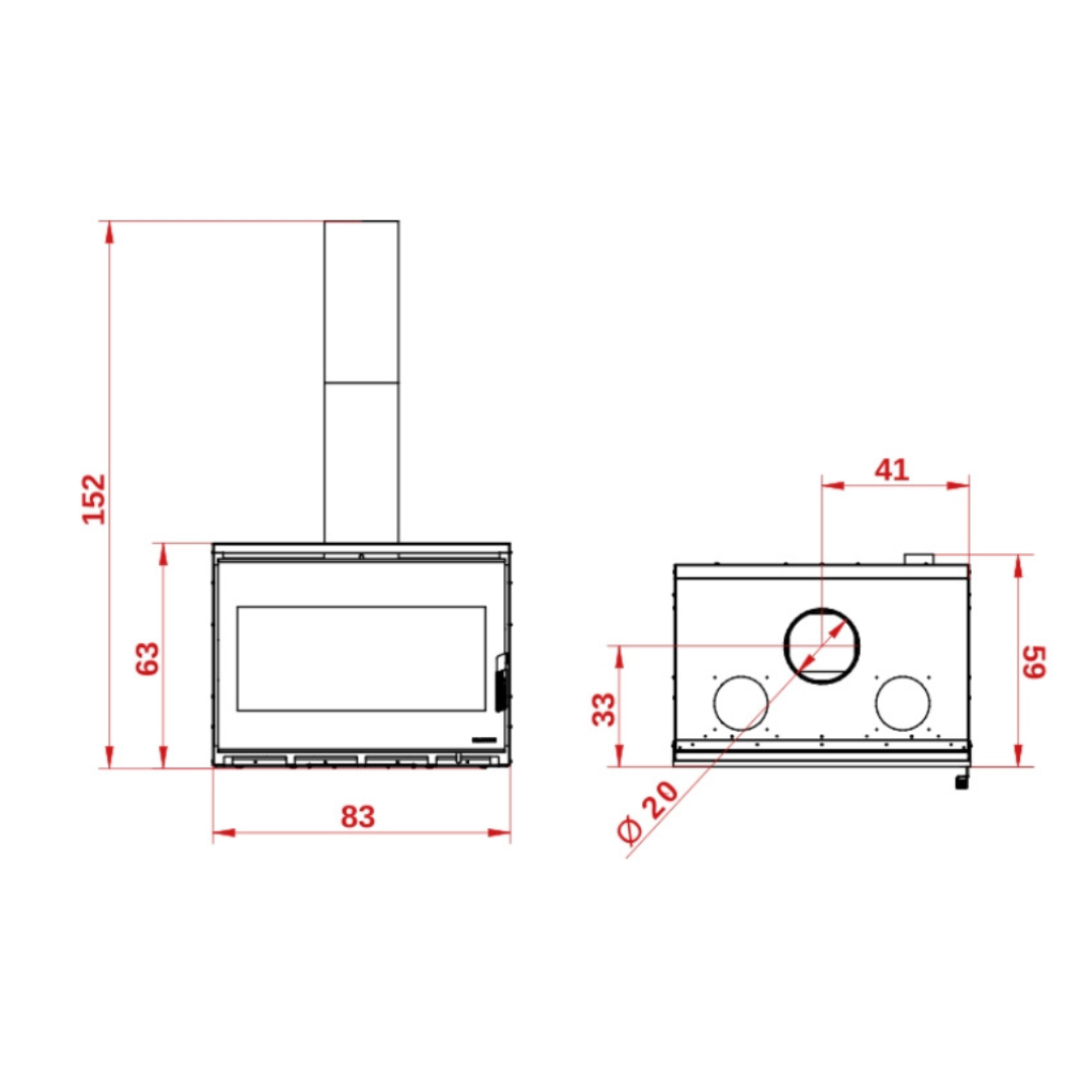 GTM90 diagram compact 150x technical fireplace drawing