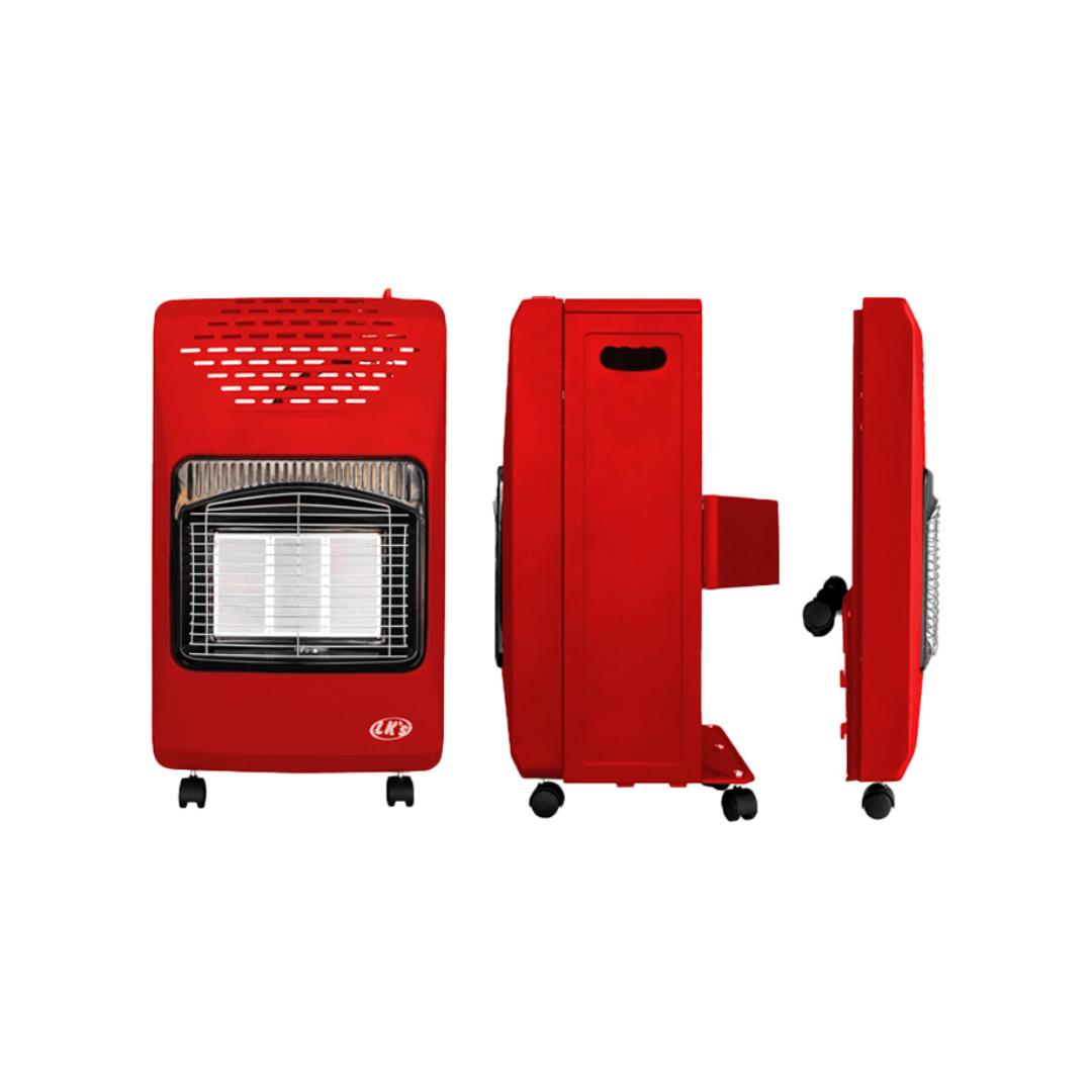 A red portable gas heater with pre-fitted bullnose regulator and ceramic heating panels, mounted on castor wheels for mobility.