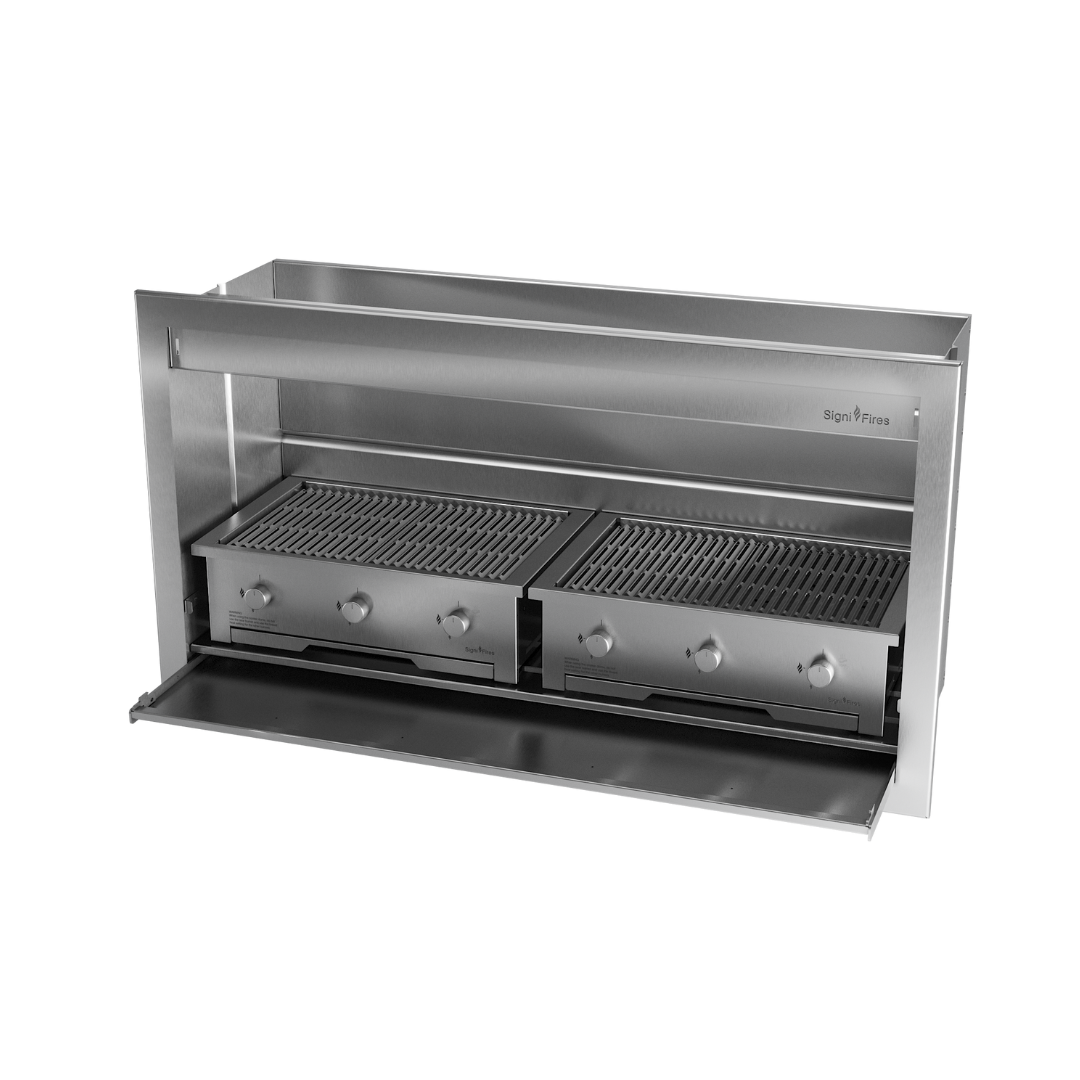 A built-in stainless steel gas braai with two grilling zones and a closed hood.