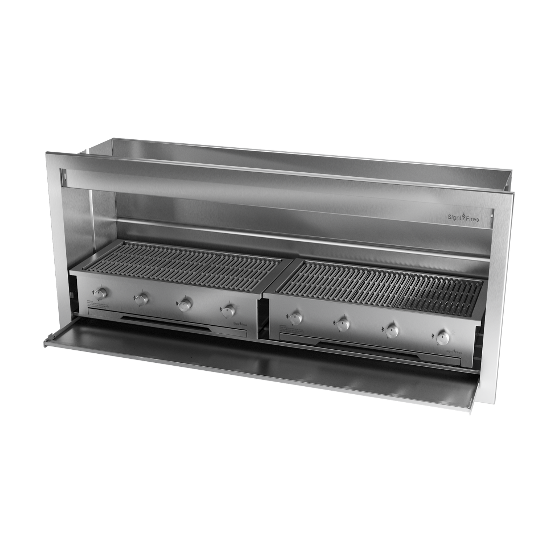 A built-in stainless steel gas braai with multiple burners and a closed lid.