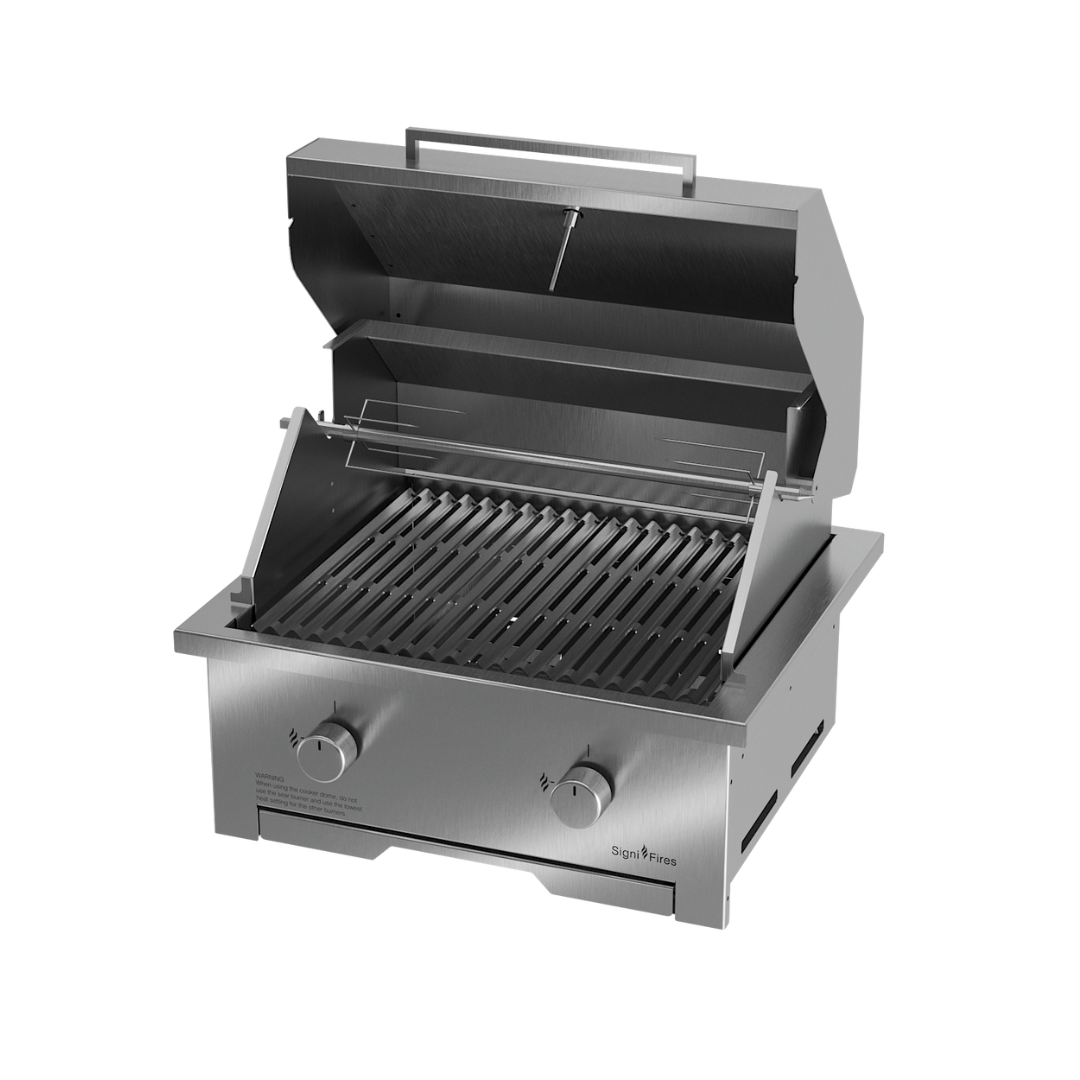 A built-in stainless steel braai grill with a closed lid, set against a white background.
